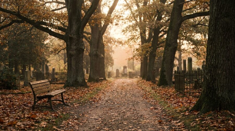 Ruhiger Friedhofsweg mit Bäumen im Herbstlicht