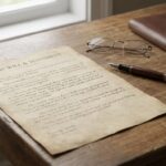 Handgeschriebenes Testament mit Füller auf einem Holztisch